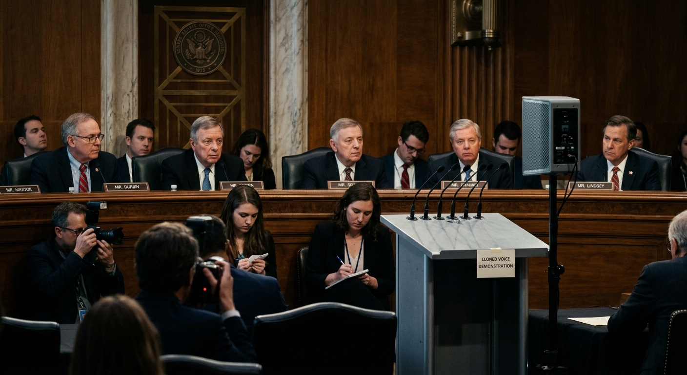 A cloned voice of Senator Blumenthal echoes through the hearing room, speaking words he never wrote, setting the stage for wh