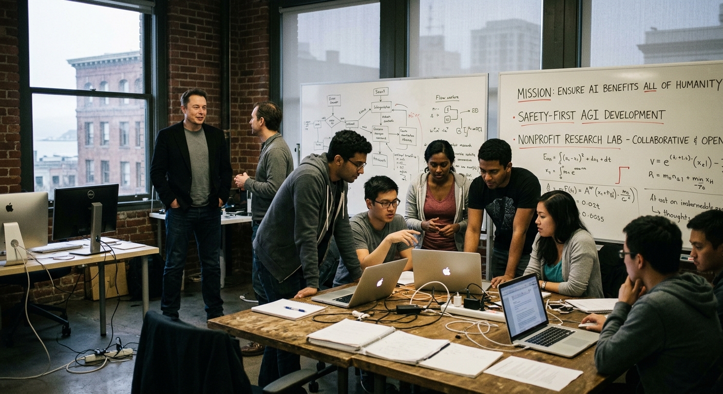 A flashback to San Francisco in 2015 showing the founding of OpenAI as a nonprofit research lab dedicated to developing artif