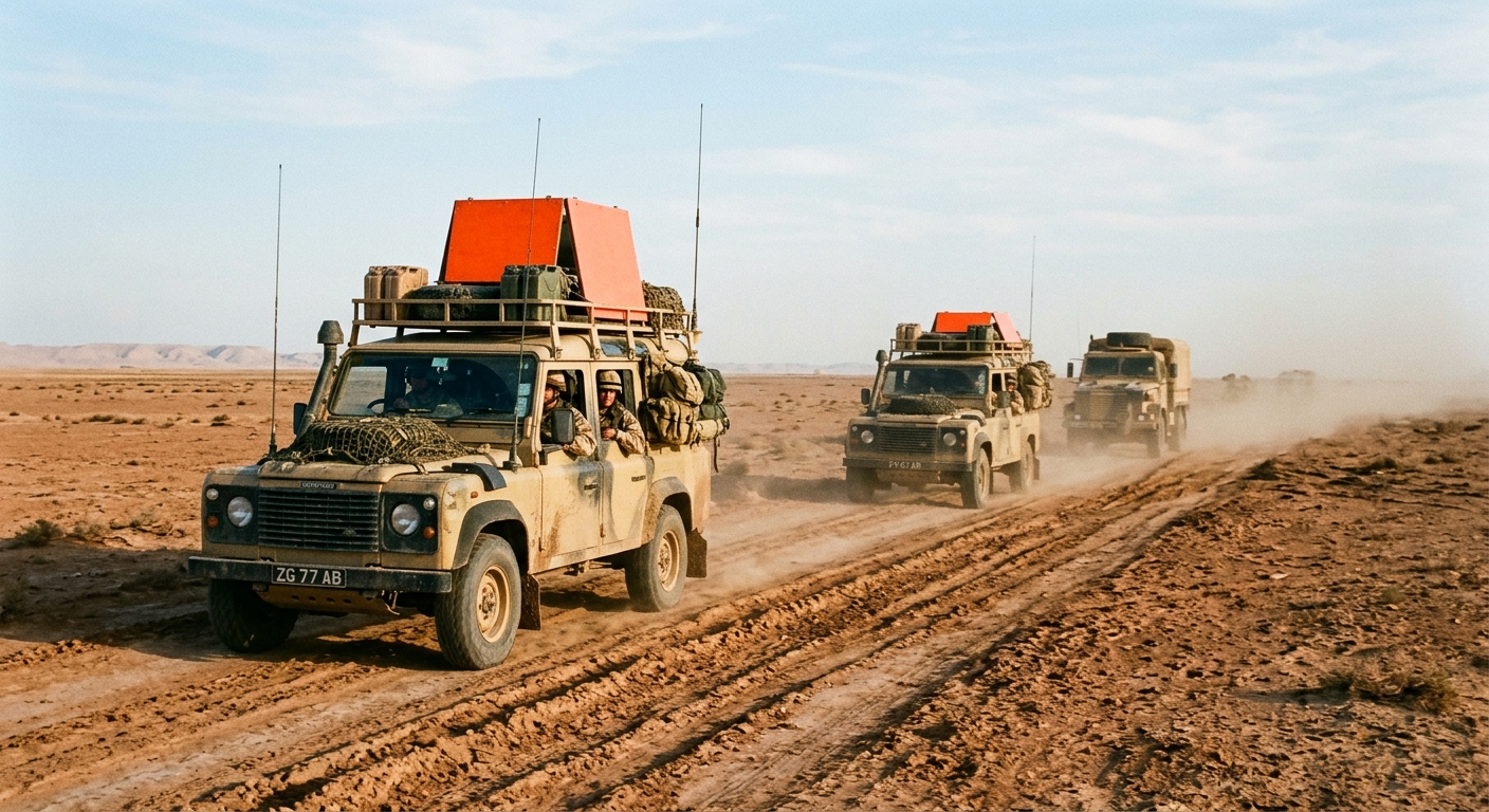 Four military vehicles move across flat sandy desert, orange identification panels affixed to each roof, marking them as frie