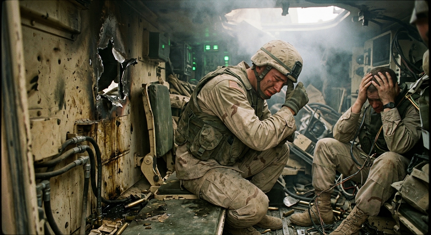 Inside the damaged lead vehicle, 25-year-old Lance-Corporal Matthew Hull among casualties, smoke rising, other soldiers in sh