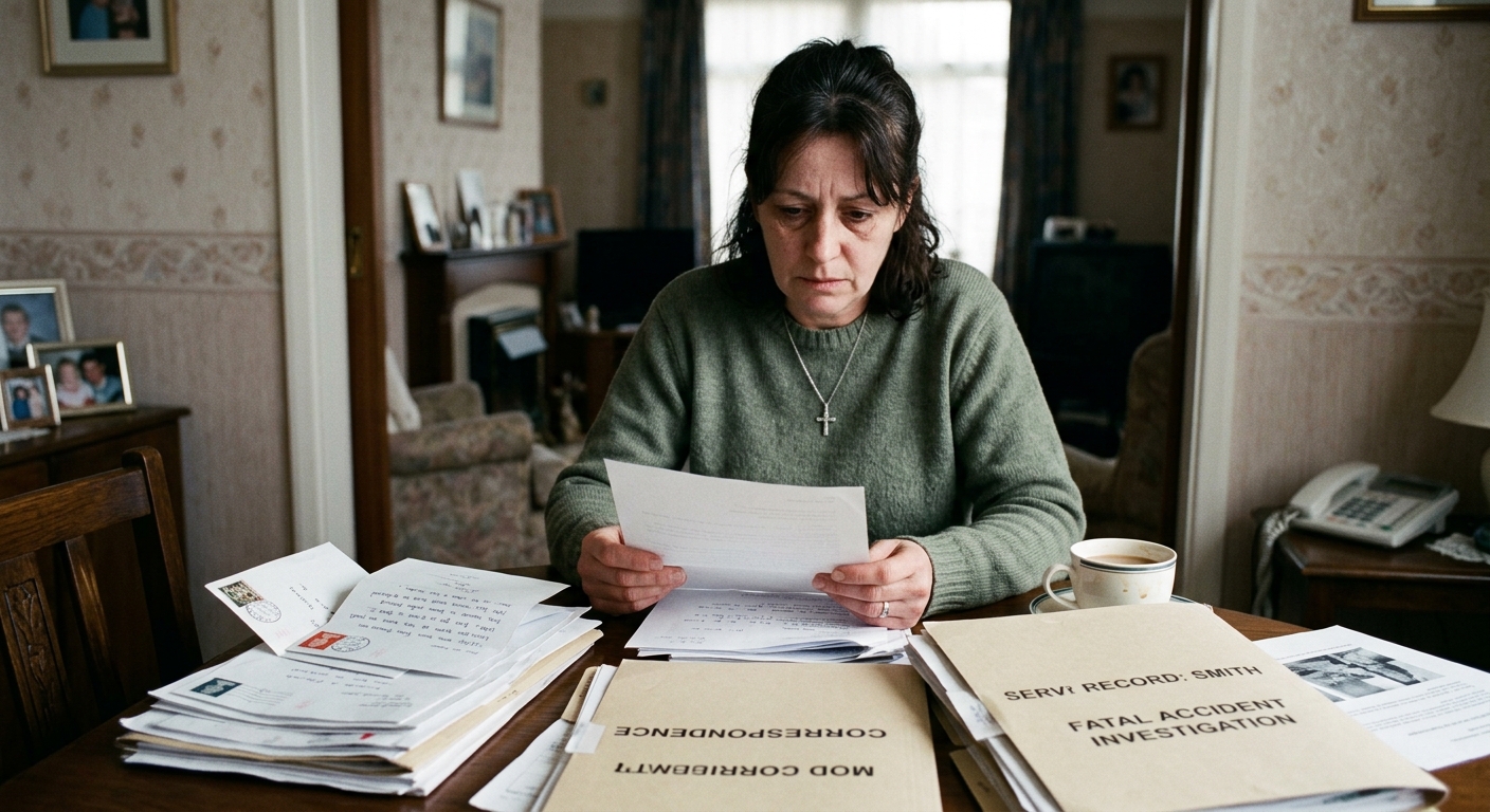 Susan Hull at home surrounded by correspondence, government documents and letters to President Bush visible, face showing bot