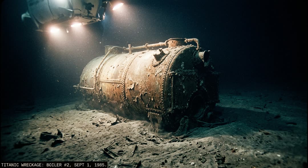 A massive iron cylinder rests silent and alone on abyssal mud, 12,400 feet beneath the ocean surface, illuminated by floodlig