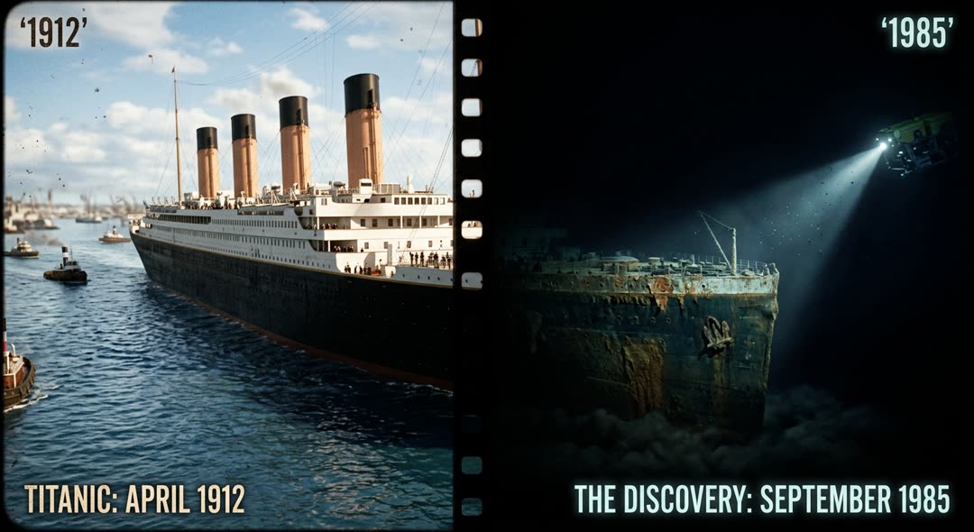 A vintage photograph of the gleaming Titanic at sea in 1912 slowly fades to black, then transitions to the pitch-black depths