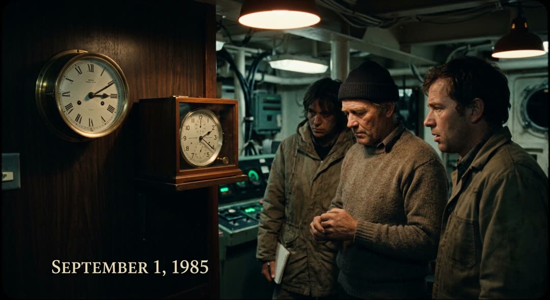 A ship's chronometer and wall clock both show 2:20 a.m., the exact moment 73 years earlier when the Titanic sank, with crew s