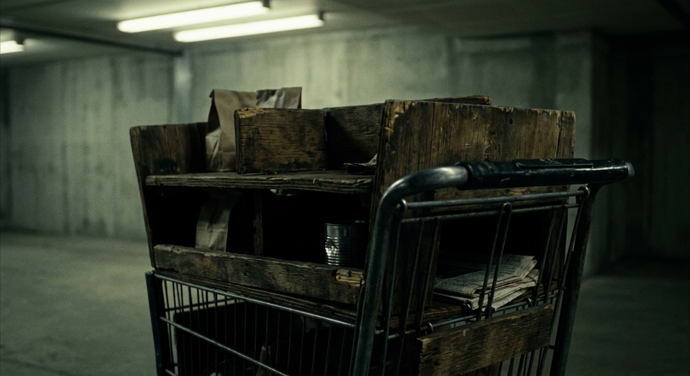 A modified shopping cart with wooden shelves replacing the wire baskets sits ominously in an empty space, an ordinary object 