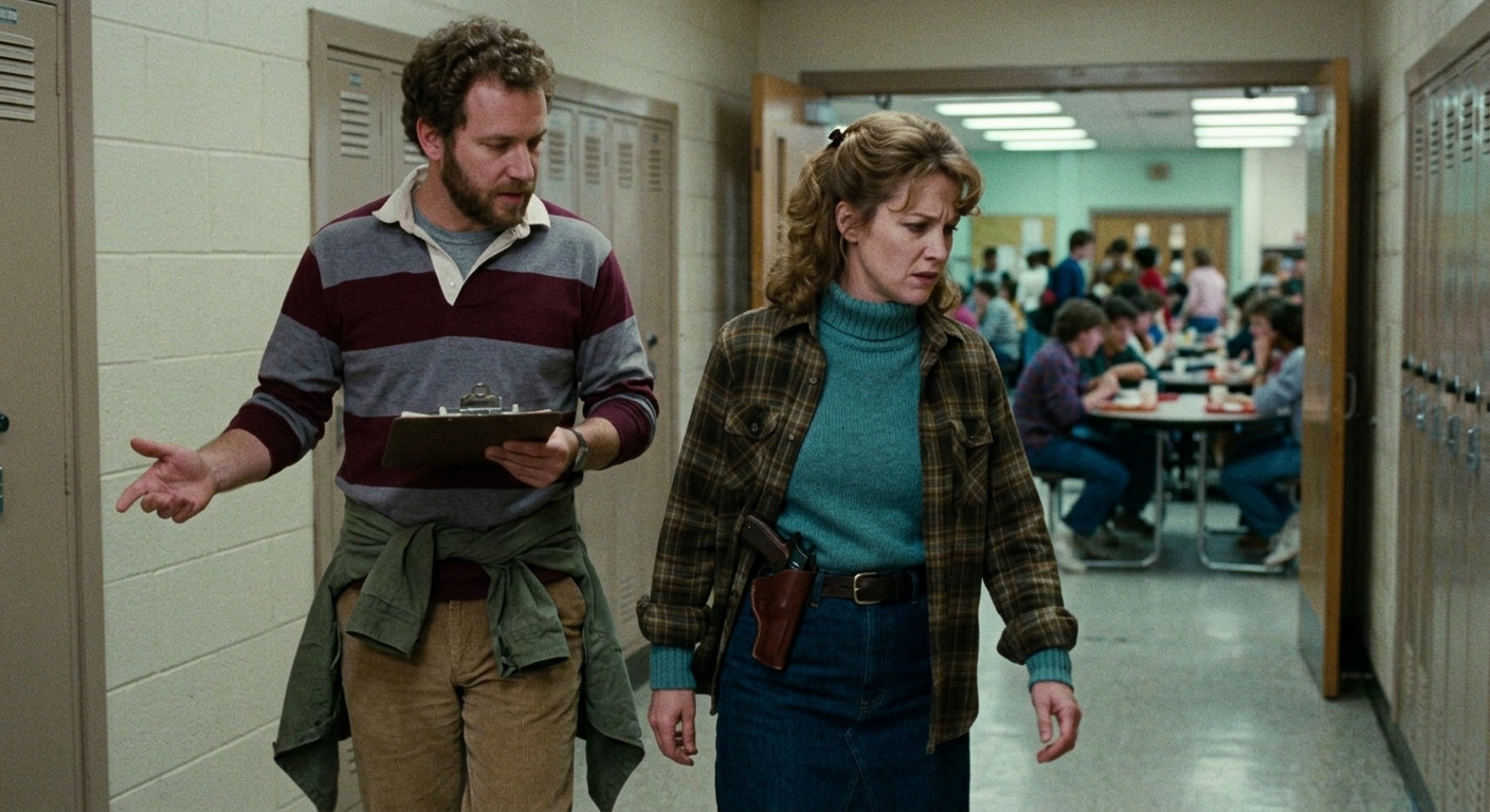 A woman in 1980s dress walks beside the man into the school, a pistol at her side, her face showing the tragedy of someone dr