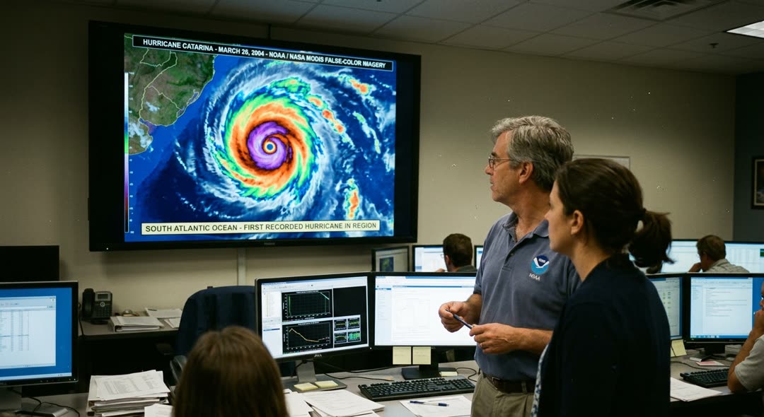 A NASA satellite's MODIS instrument transmits false-color satellite imagery of a spiral hurricane formation swirling in the S