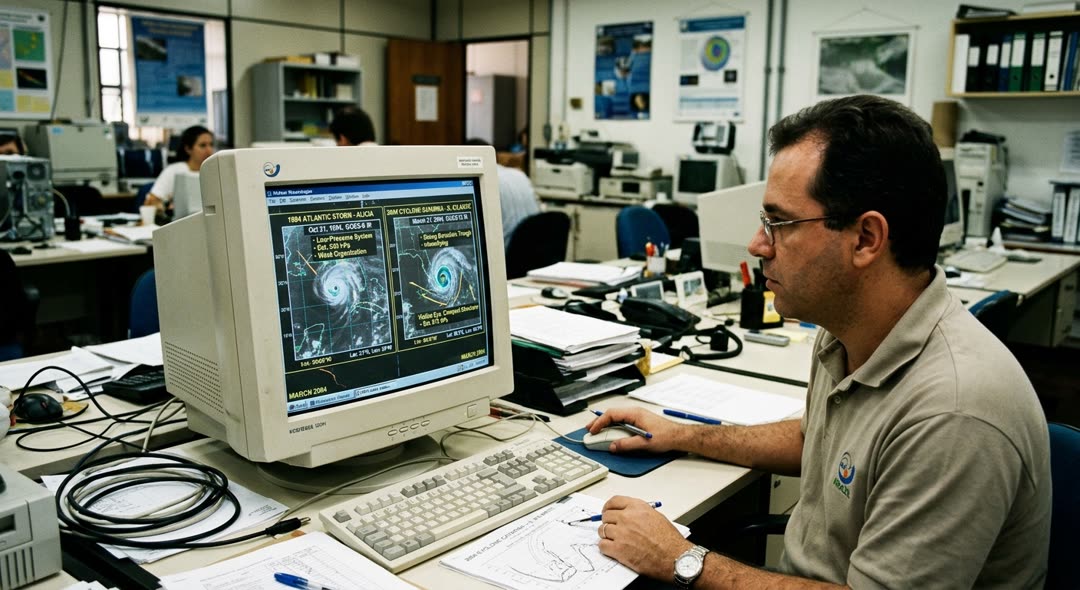 Side-by-side satellite images on a meteorologist's workstation compare the March 1994 system with the March 2004 storm; the 1