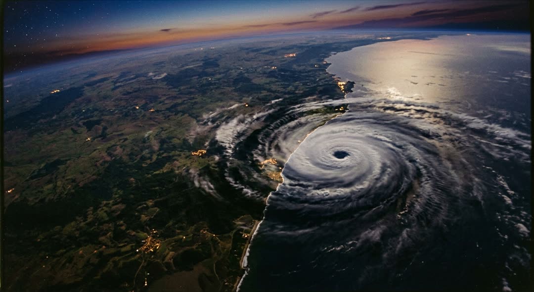 Satellite view of Hurricane Catarina's eye crossing the Brazilian coastline on March 28, 2004, the storm's circulation now vi