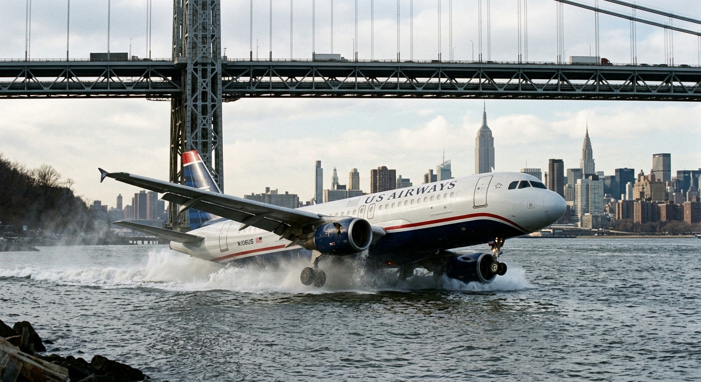 A white Airbus A320 fuselage descends at low altitude over the steel cables of the George Washington Bridge, its shadow cross