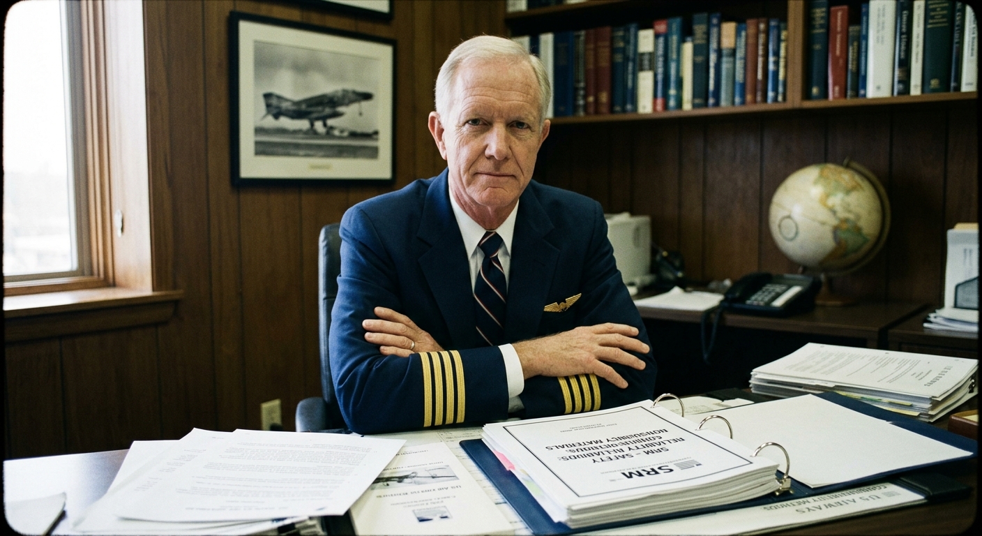 Captain Chesley B. Sullenberger III, a 57-year-old in uniform, stands with the composed bearing of a former Air Force pilot a