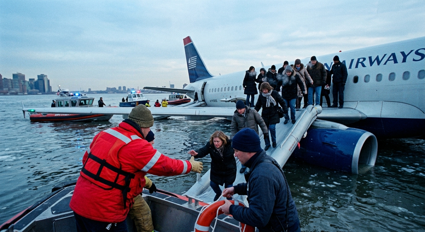 Passengers in winter clothes standing on the Airbus wings in sub-zero air, the Hudson River's icy currents visible, rescue bo