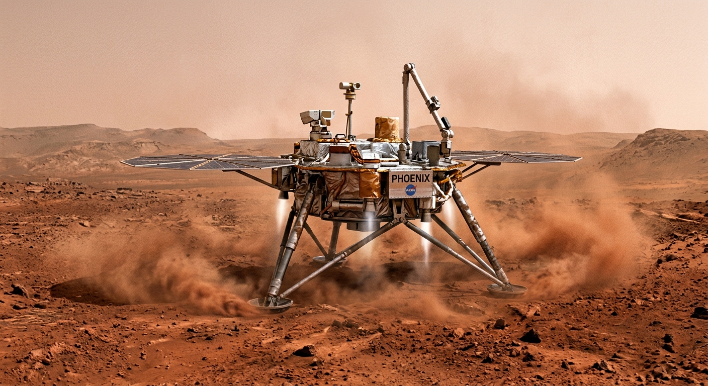 A spacecraft with three metal legs descends through thin atmospheric layers and makes contact with rust-red Martian soil.
