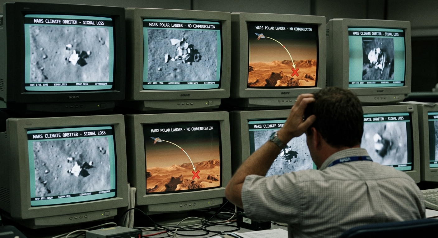 Historical images of five failed Mars landing attempts—debris fields, damaged landers—flashing on screens showing mission ris