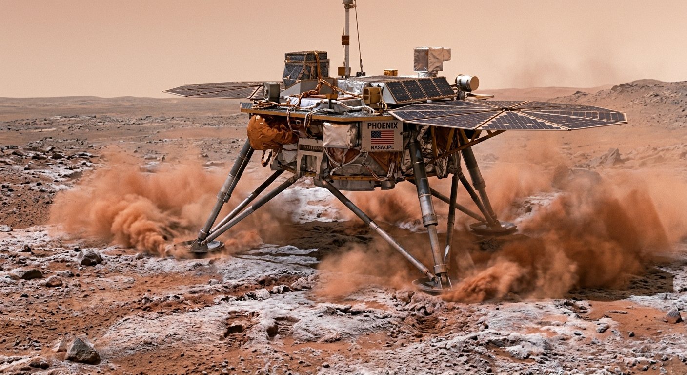 Three metal legs compress into the Martian surface, dust settling around the lander as it absorbs the final impact on frozen 