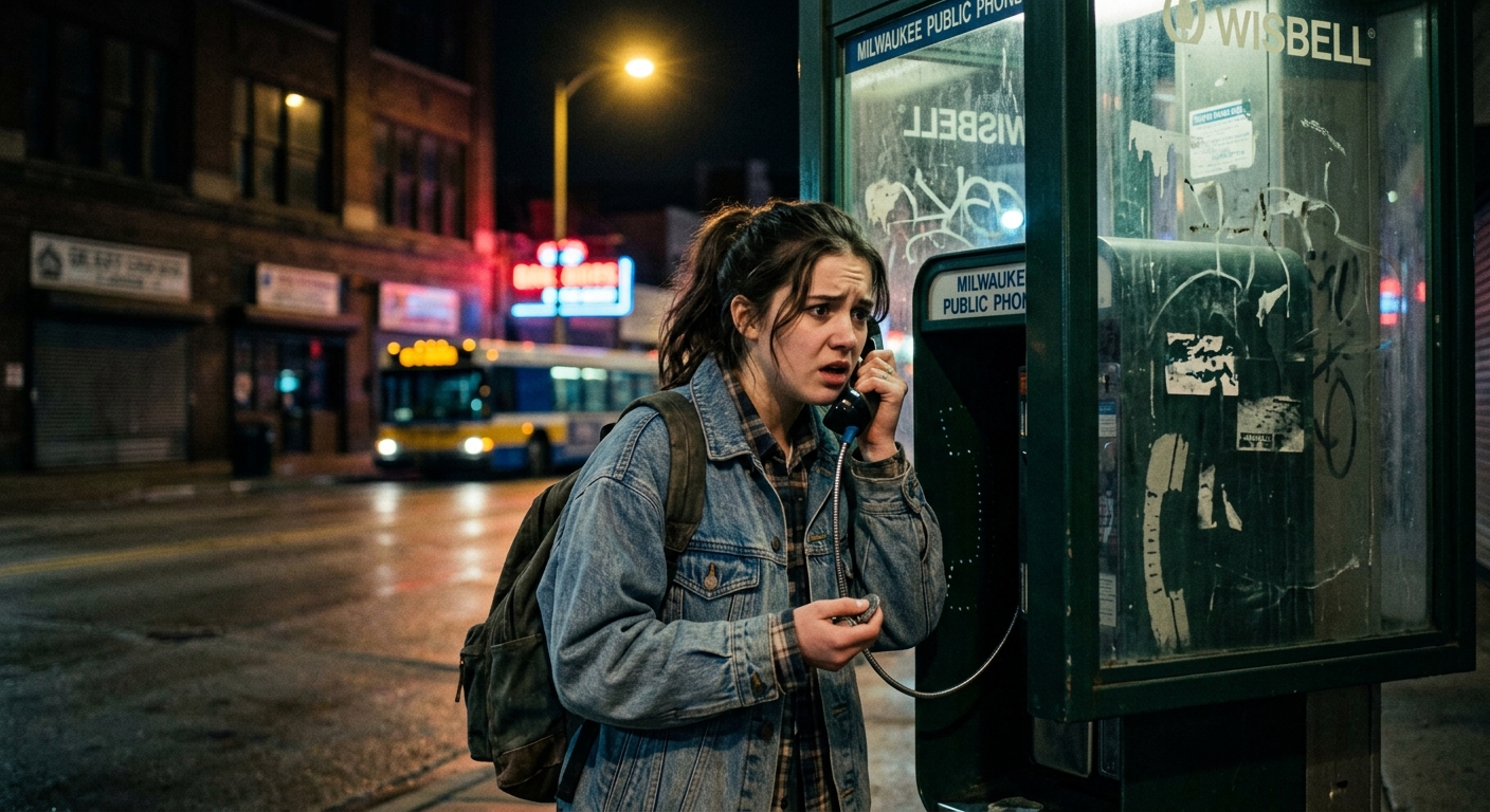 A young woman stands at a red pay phone on a dark 25th Street, Milwaukee, her face twisted with fear and desperation as she d
