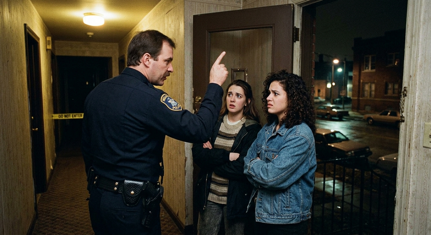 A stern-faced police officer points toward the apartment door, ordering the young women witnesses to leave, their expressions