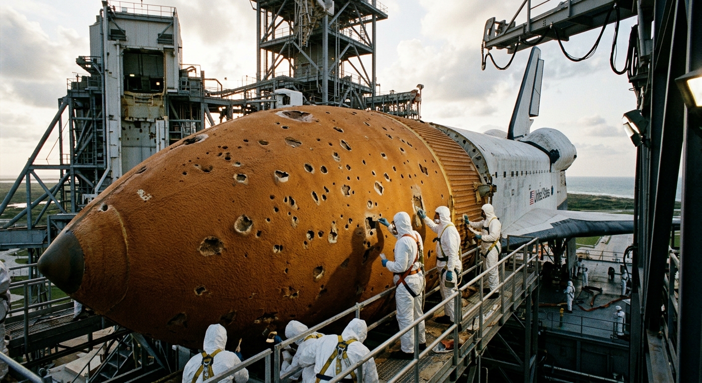 Close-up of orange foam insulation heavily pocked with hailstone craters, with technicians in white suits methodically patchi