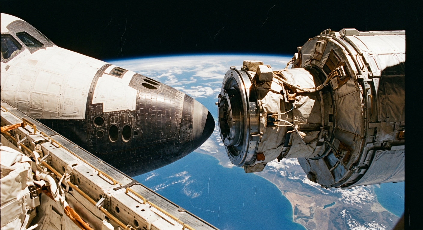 From an external camera, Space Shuttle Discovery's docking ring slowly aligns with the Pressurized Mating Adapter on the Inte