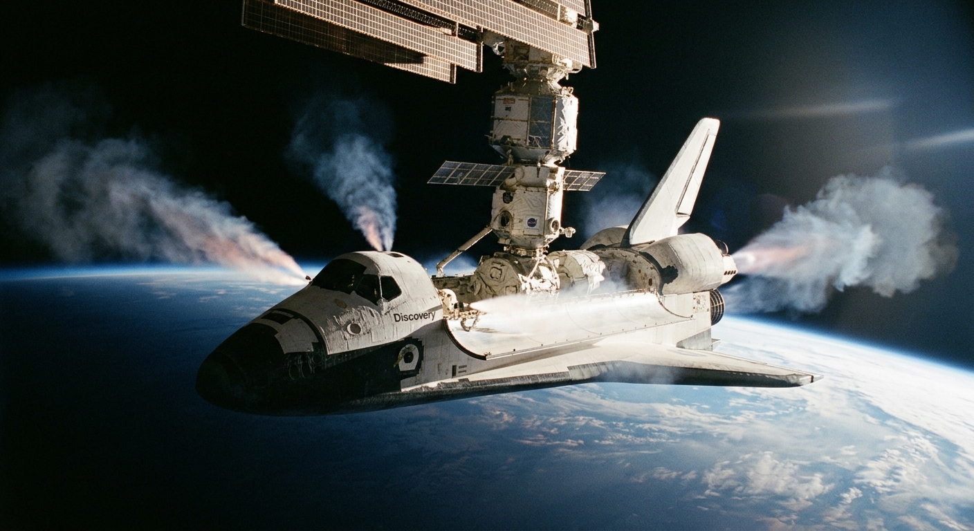 Astronauts securing final supplies into storage inside the orbiter cabin; simultaneously, small thruster jets fire around the